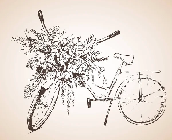 Bicicletta con mazzo di fiori. Schizzo . — Vettoriale Stock