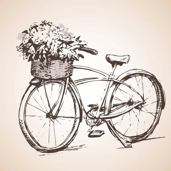 Nagy csokor virág kerékpár. Vázlat. — Stock Vector