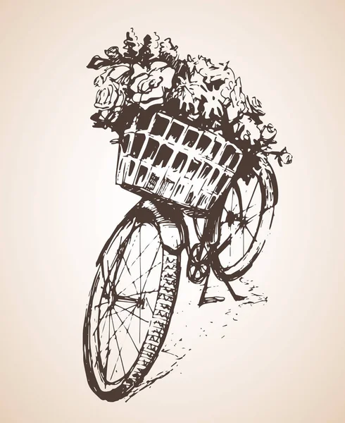 꽃의 큰 무리와 자전거입니다. 스케치. — 스톡 벡터