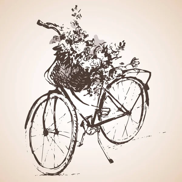 Bicicleta com grande monte de flores. Esboço . — Vetor de Stock