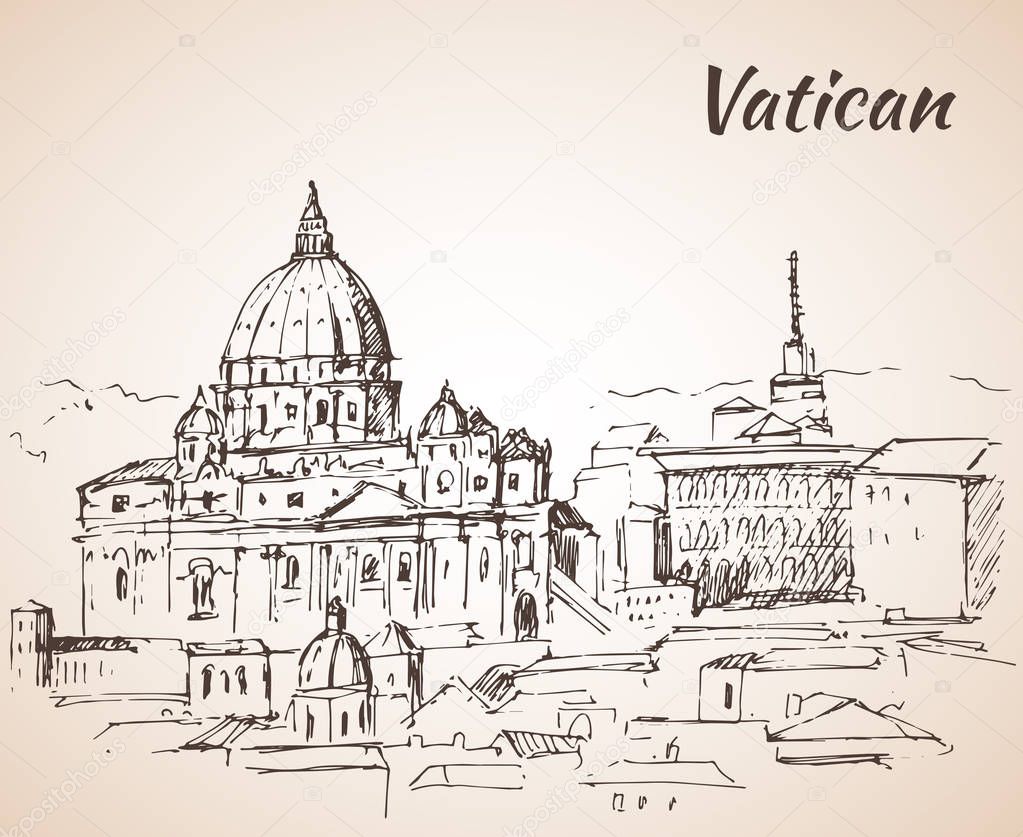 St. Peter's Basilica. Vatican city landscape. Sketch. 