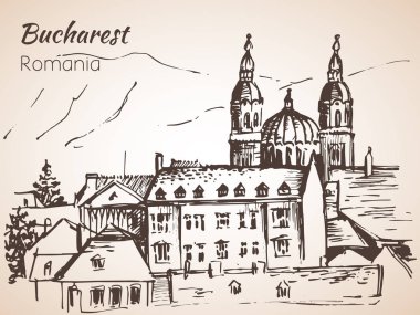 Çatılar, binalar, Panoramic sokak görünümü. Kroki. Bükreş, Roma