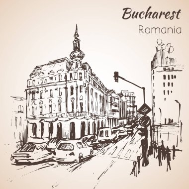 Otel ve Binalar, cadde görünümü. Kroki. Bucharest, Romanya. 