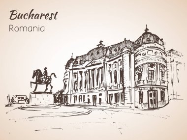 Kent Meydanı ile at anıt kroki. Bucharest, Romanya. 