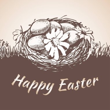 Mutlu earster izole el çekilmiş simgesi - çiçek, yumurta, çim.