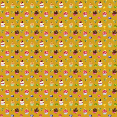 Şekerler, meyveler ve yapraklarla kusursuz suluboya deseni. 