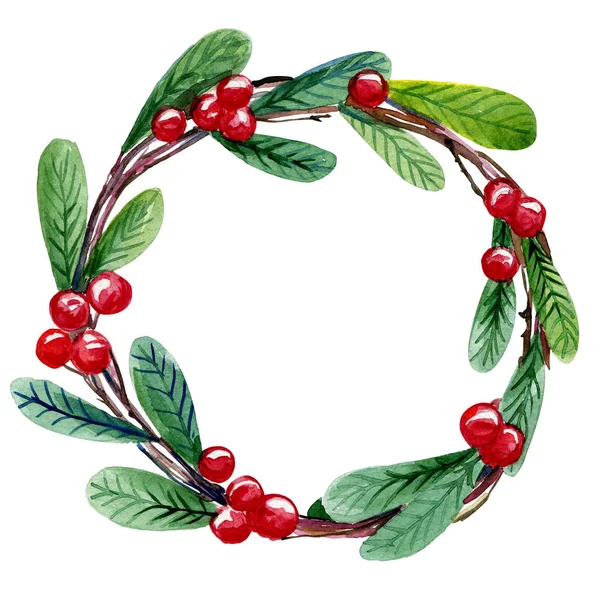 Watercolor hand drawn vintage wreath with leafs and red berries — Stock Photo, Image