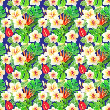 Değişik yeşil yaprakları ve çiçekleri olan tropik, pürüzsüz bir desen.