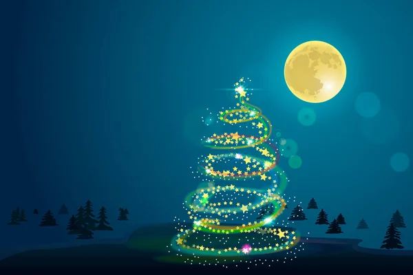 Fundo de inverno com árvore de Natal e lua —  Vetores de Stock