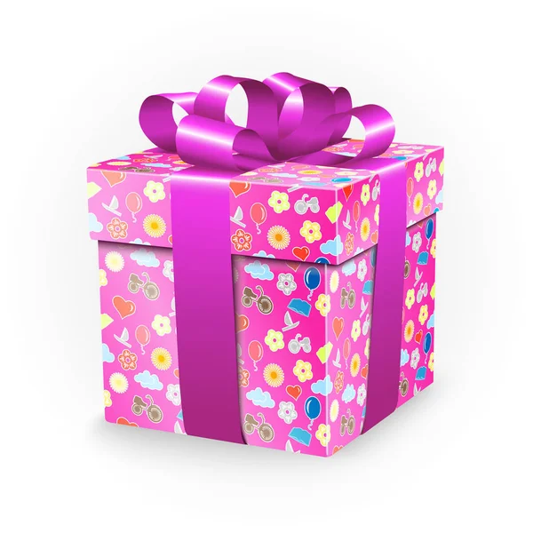 玫瑰礼盒与童年元素︰ 自行车、 鲜花、 气球、 船、 心、 太阳、 云和丝带蝴蝶结. — 图库矢量图片