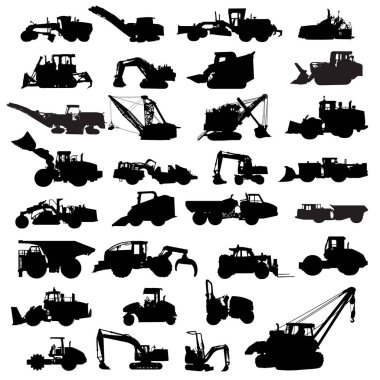 İnşaat makineleri. Traktörlerin siluetleri, asfalt kaldıracı, soğuk planör, sıkıştırıcı, tekerlek yükleyiciler, buldozer, kazıyıcılar, boru tamircisi, Backhoe Yükleyici, İzlenen Yükleyici ve benzeri vektör çizimleri