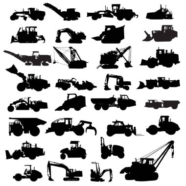 Set of building machinery. Silhouettes of Tractors, Asphalt paver, cold planer, compactor, Wheel loaders, bulldozer, Excavators, Pipelayer, Backhoe Loader, Tracked Loader and etc vector illustration clipart