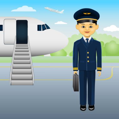 Kalkış görüntüsünden önce çizgi film pilotu. Genç, sevimli pilot. Vektör İllüstrasyonu