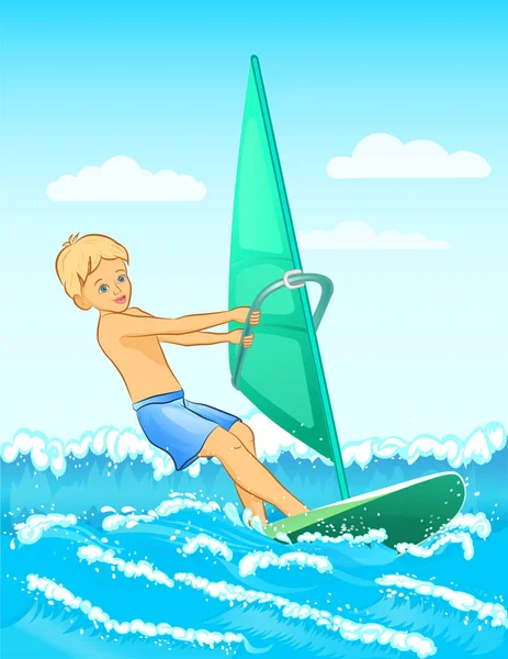 Windsurfer Boy Windsurfing Surface Water Sport Vector Illustration — Stock Vector