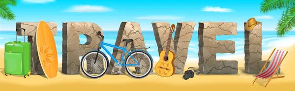 Banner Web Viajes Fondo Diseño Concepto Publicitario Con Bolsa Guitarra — Vector de stock