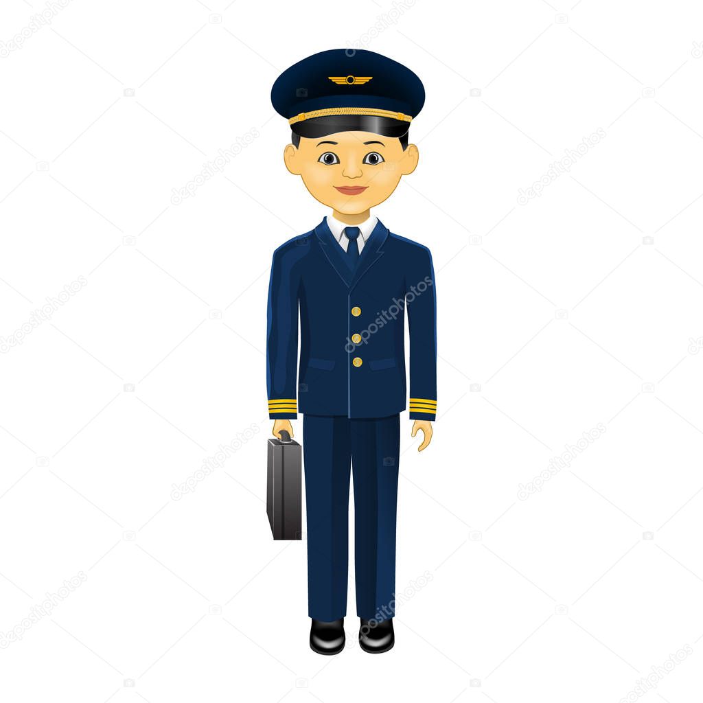 Cartoon aircraft pilot before the view on taking off. Young cute pilot. Vector Illustration