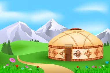 Yaz otlaklarında Yurt, vektör illüstrasyon manzarası