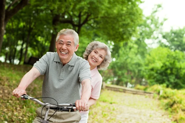 senior couple riding bicycles in park