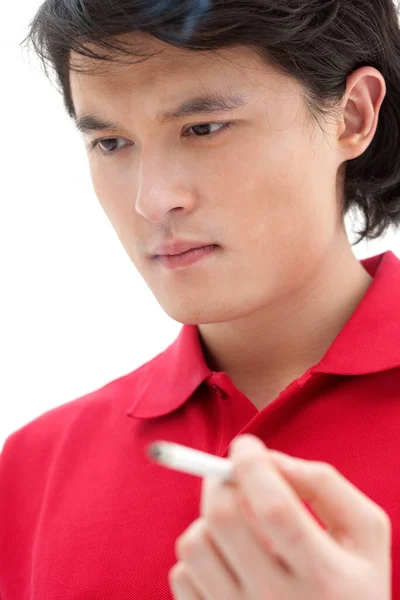 young man with red lipstick on white background