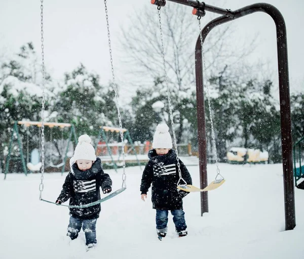 children playing with snow in the winter park