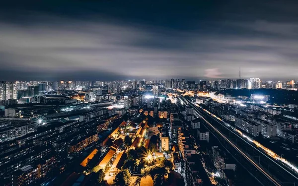 stock image aerial view of the city at dusk