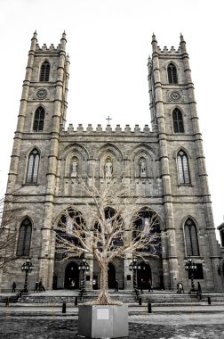 Notre Dame basilica ve dekore edilmiş ağaç tarihi eski bakarak Montreal kış sahne ünlü.
