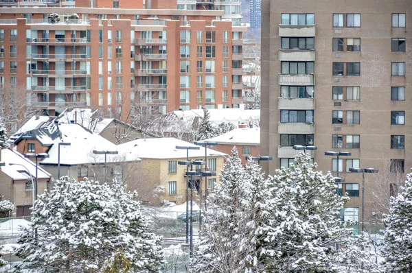 Edifici Condominiali Nella Neve Nel Centro Montreal Inverno — Foto Stock