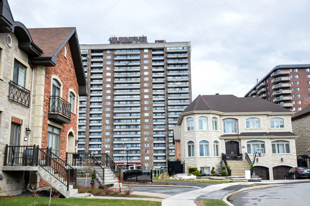 Residential building with balconies in Montreal  downtown Canada.