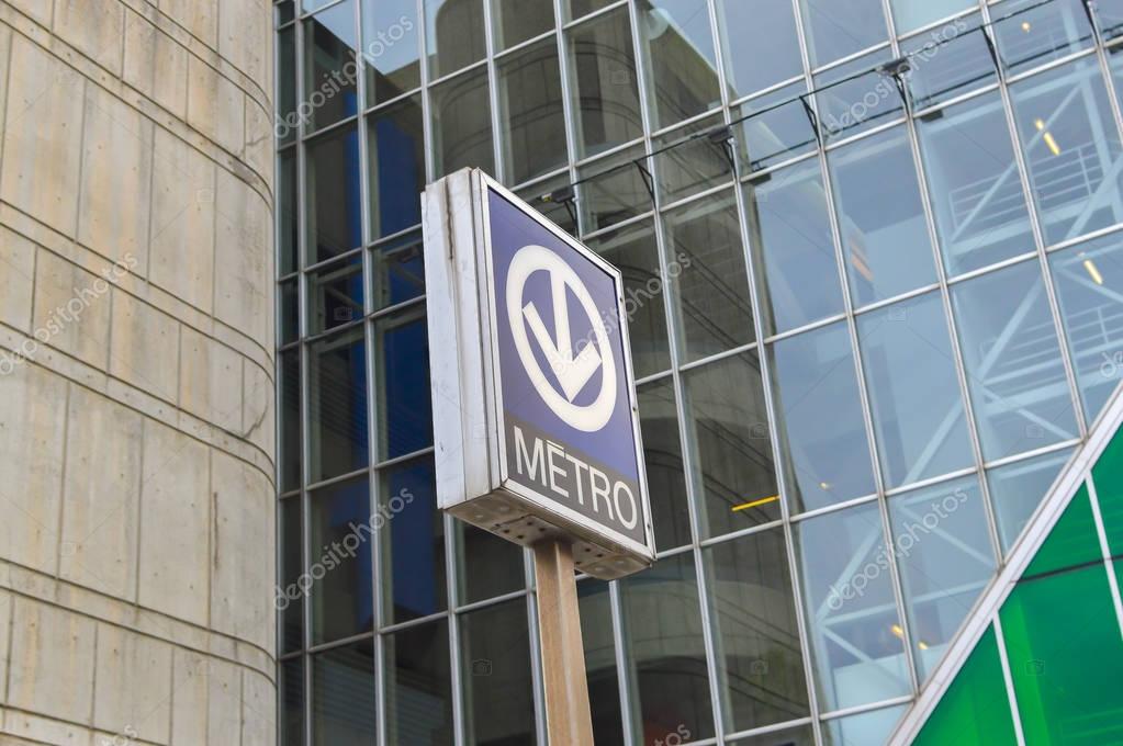 Montreal, Canada - November 12, 2017: Metro transit sign in Montreal downtown (China town), Canada