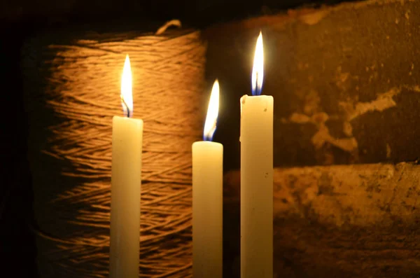 Dark Background Candle Burns Space Text — Stock Photo, Image