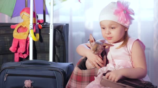 Little Girl Sitting Luggage Cat — Stock Video