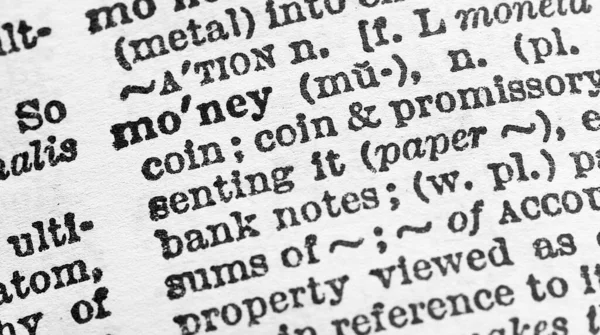 Χρήματα Closeup Μακροεντολή Της Σελίδας Αγγλικό Λεξικό Λέξη Έννοια Χρήματα — Φωτογραφία Αρχείου