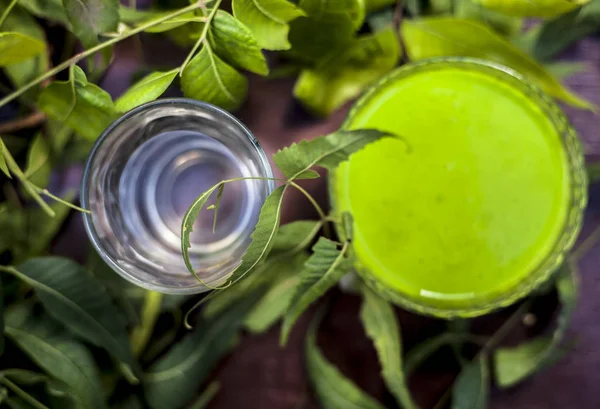 Çok amaçlı Ayurvedic şifalı bitkilerin saç ilacı. Neem ya da Nim ya da cam bir kasedeki Hint leylağı kepek ya da kaşındıran cilt sorunları için taze su ve yapraklarla birlikte. Yatay çekim.