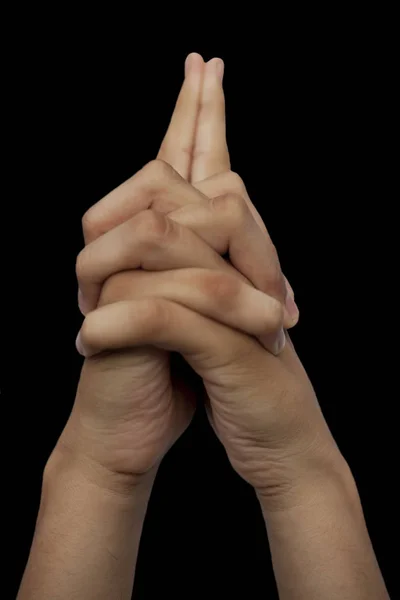 Isolated Pair Hands Male Teenager Black Background Doing Uttarabodhi Yoga Stock Picture