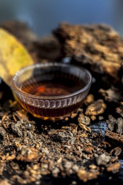 Banyan ağaç kabuğu tozu ile su ve bal karışımından oluşan siyah parlak bir yüzey üzerinde cinsel yolla bulaşan hastalıklar için ev yapımı bir ilaç. Dikey çekim.