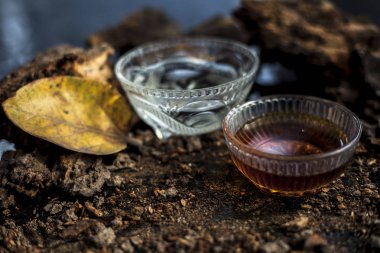 Banyan ağaç kabuğu tozu ile su ve bal karışımından oluşan siyah parlak bir yüzey üzerinde cinsel yolla bulaşan hastalıklar için ev yapımı bir ilaç. Yatay yüksek açı çekimi.