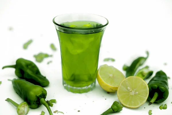 Hot Spicy Tangy Sweet Green Chili Juice Glass Isolated Horizontal — Stock Photo, Image