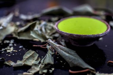 Kurumuş yaprak tozu ya da Banyan ağaç yapraklarıyla birlikte siyah parlak bir yüzey üzerinde bir kil kasede Banyan ağaç macununu yakın plan çek. Banyan ağaç yaprağının öğütülmüş tozu bir kasede suyla karıştırılmış..