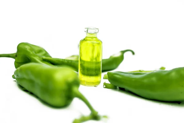 Hot Spicy Chili Oil Glass Bottle Close Shot Fresh Cut — Stock Photo, Image