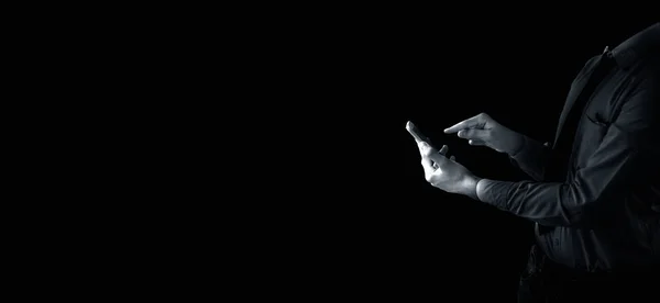 Hands Businessman Wearing Blue Colored Shirt Black Necktie Using Smartphone — Stockfoto