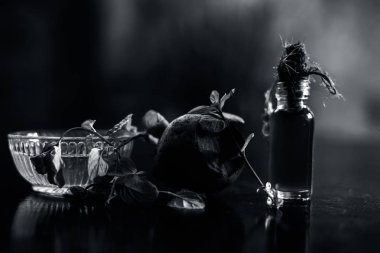 Dilimlenmiş taze pancar kökü, biraz nane yaprağı ve küçük bir cam şişede özümsenmiş detoksifikasyon yağı. Bulanık arka planda yatay çekim..