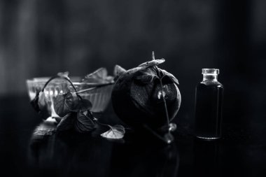 Biraz nane yaprağı ile birlikte pancar kökü ve küçük bir cam şişede çıkarılmış özü yağı. Bulanık arkaplanlı yatay çekim..