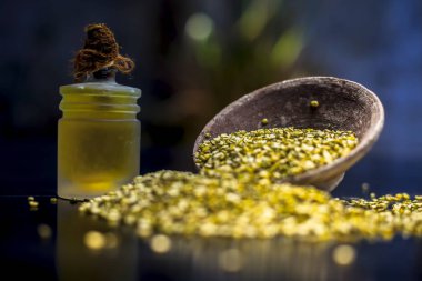 Yeşil gram, mung fasülyesi ya da moong fasulyesiyle dolu kil kasesini ve siyah bir yüzey üzerindeki cam bir şişede özütülmüş temel yağını kapatın. Yatay çekim.