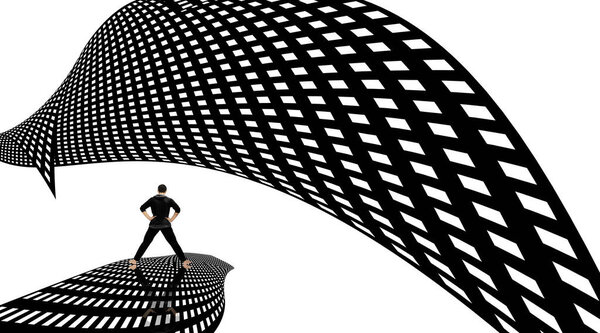 Full body shot of male wearing activewear clothes and posing on a creative background with barefoot. Horizontal shot.