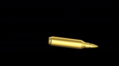 Siyah arka planda 3D gerçekçi AK-47 mermisi. 4k UHD çözünürlüğündeki sinema ögesi.