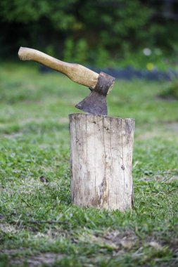 Bu bir balta. Bir kütükte Thorpor. Bir balta için çalış. Odun kes..