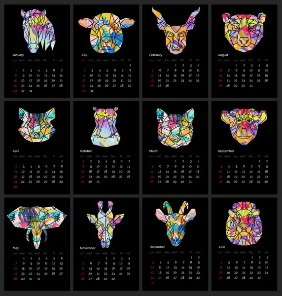 Kalender 2017 jaar eenvoudige dierlijke stijl — Stockvector
