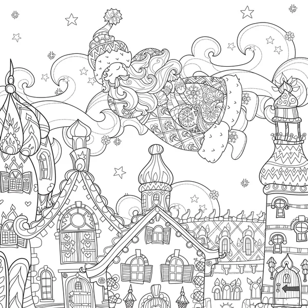 Vector bonito Natal conto de fadas cidade doodle . —  Vetores de Stock