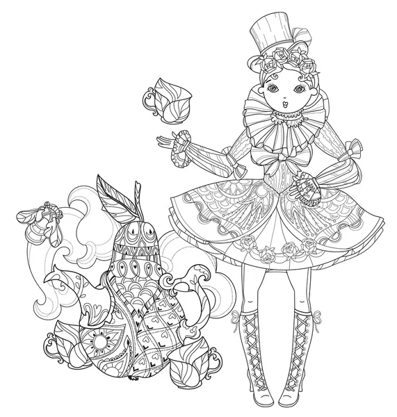 Διάνυσμα κορίτσι χαριτωμένο νεράιδα σε λουλούδια doodle — Διανυσματικό Αρχείο