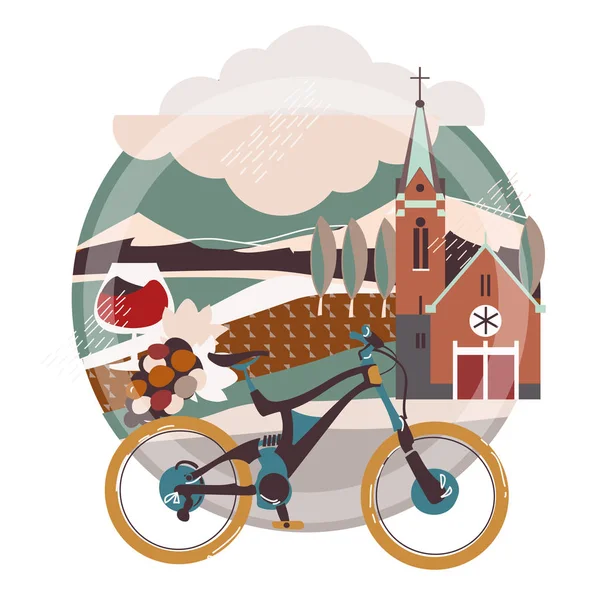Flat illustration of downhill bicycle in europe town . — Stock Vector